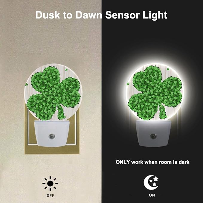 EKOBLA Green Shamrock Clover Leaf Night Lights Plug into Wall Irish St Patrick's Day Night Light Auto LED Lamp Energy Saving Round Nightlight for Boys Girls Men Women
