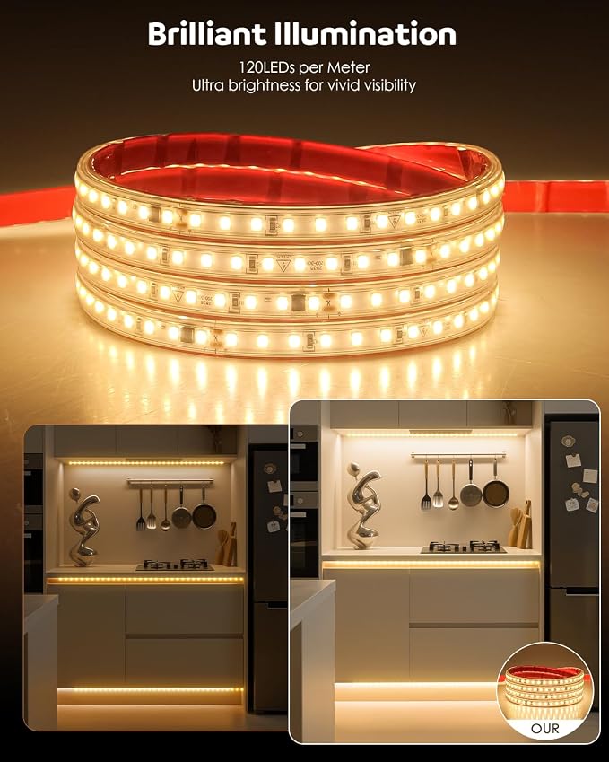 Aclorol 120V LED Strip Light 20FT Outdoor Rope Lights Waterproof Warm White | Plug and Play with 3FT Power Cord, Self-Adhesive, 120LEDs/m, CRI90+, Flexible and Cuttable for Bedroom Cabinet Hallway Patio
