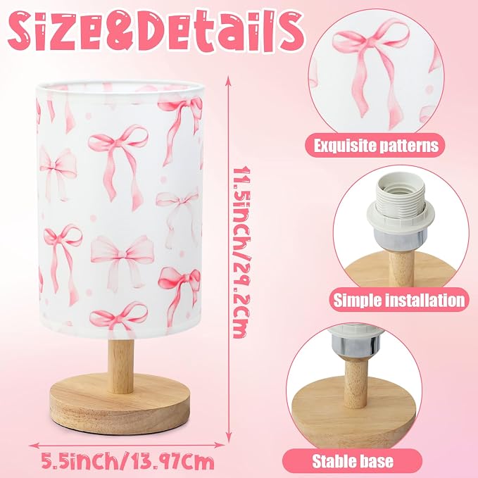 Bow Kids Table Lamp for Bedroom Kids Bedside Lamp with Linen Wooden Nightstand Cartoon Nursery Lampshade for Girls Room Pink Bow Decor