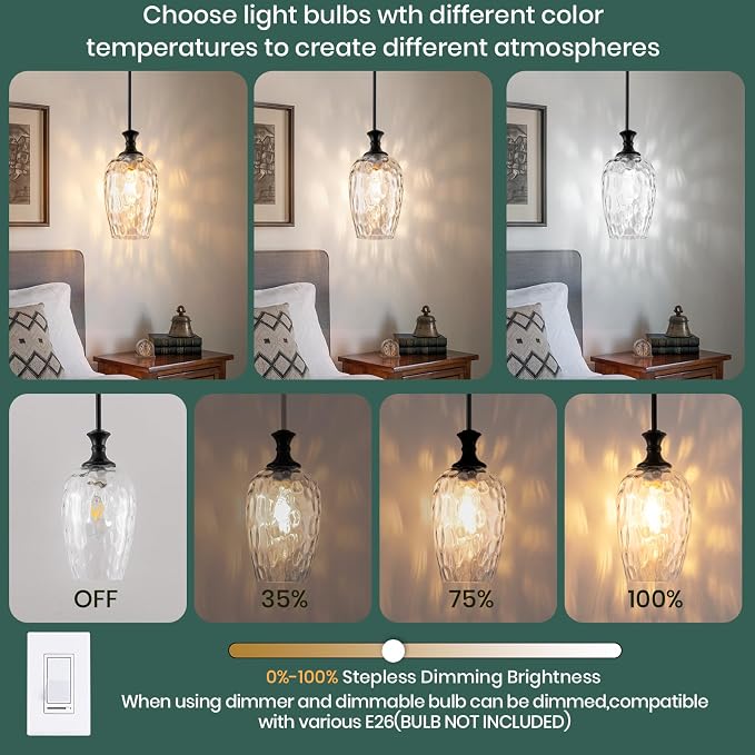 Glass Pendant Lights Kitchen Island, Modern Black Pendant Lighting Fixtures with Clear Glass Shade, Adjustable Hanging Light for Kitchen Sink, Dining Room & Bathroom (Bulbs Not Included)1 Pack