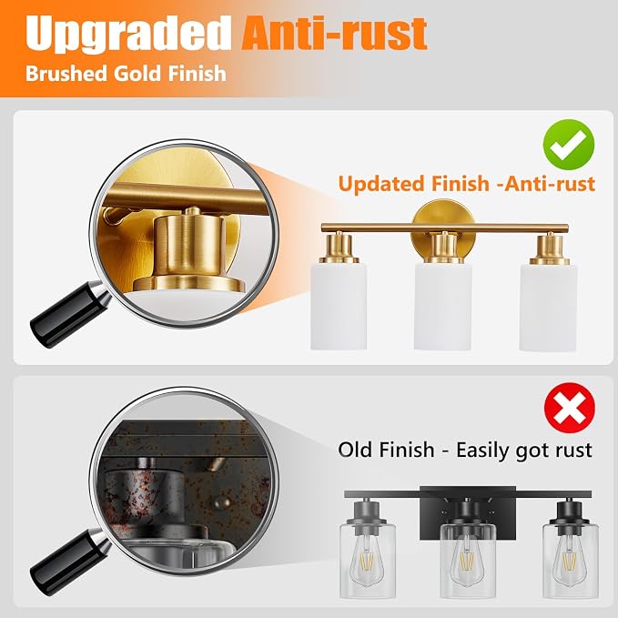 DLLT 3-Light Bathroom Light Fixtures: Gold Modern Vanity Lights with E26 Bulbs - Milky White Glass Shade Bathroom Wall Lamp for Mirror Kitchen Living Room Hallway Cabinet Porch