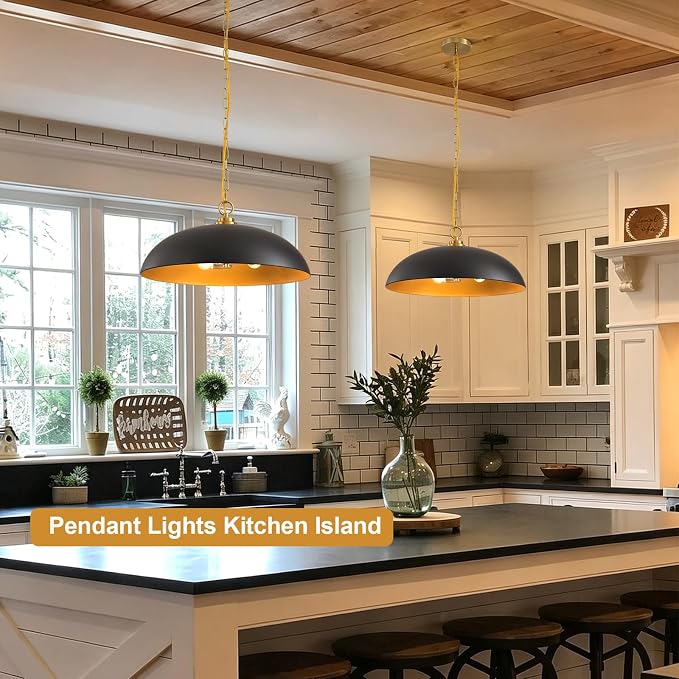20in Black and Gold Dome Pendant Light, Large 3-Light Chandelier | Industrial Matte Black Oversized Pendant Light Fixture Ceiling Hanging Lamp for Kitchen Island Dining Room Over Table 1 Pack