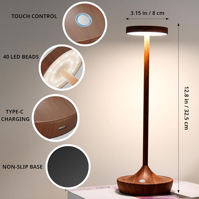 2 Pack Cordless Table Lamps, Rechargeable 6000mAh, 72H Runtime, Waterproof | Stepless Touch Dimming with 3 Color Modes & Memory Function, Portable for Outdoor/Patio/Restaurant. (Woodgrain)