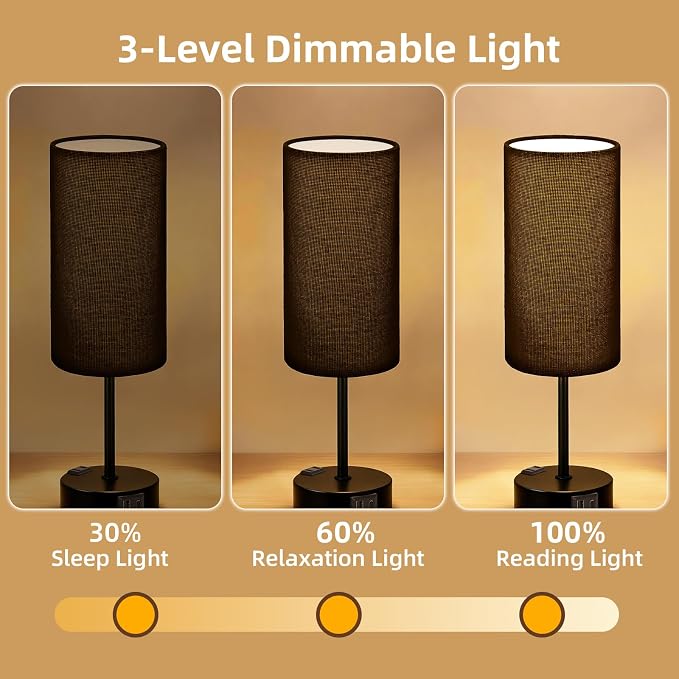 Table Lamp for Nightstand, High-Sensitivity Touch, 3-Level Dimmable Bedside Lamp with AC Outlet | USB | and USB-C, Ideal Night Stand Lamp for Bedroom (1, Black)