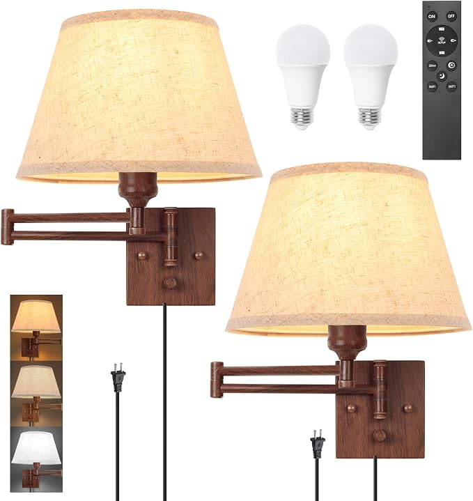 TRLIFE Wall Sconce Plug in, Remote Control Dimming 10-100% and Adjustable Color Temperature 2700K-6500K Swing Arm Wall Lights with Plug in Cord, 11.8" Large Beige Fabric Shade(2 Pack, Walnut Color)