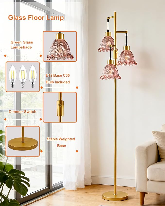 Lightdot Glass Floor Lamps for Living Room, 3-Light Dimmable Floor Lamp with Rose Red Glass Shade& E12 Bulbs Included, Mid Century Standing Tall Lamp with 5Lbs Heavy Base for Bedroom/Sofa Beside-Gold