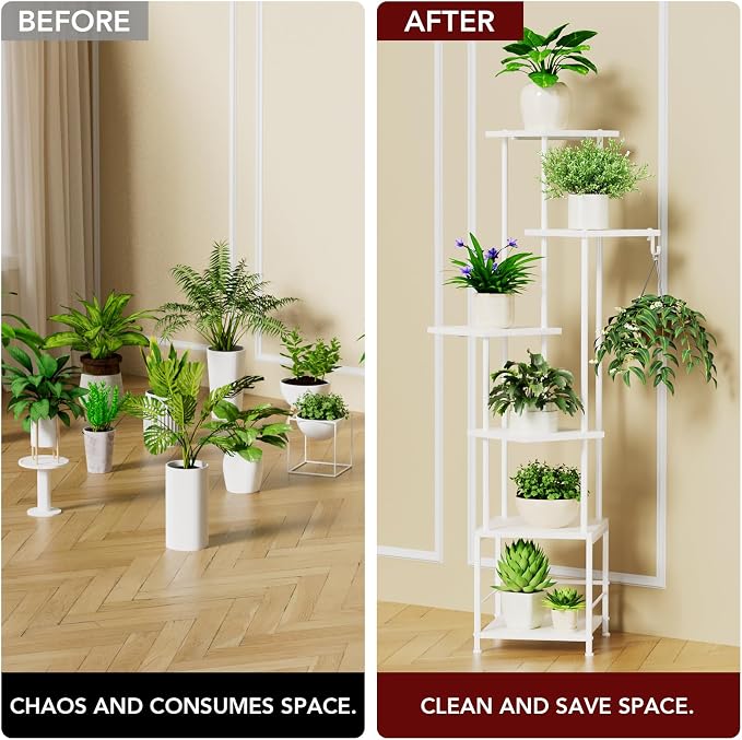 Plant Stand Indoor with Grow Light - 6-Tier Metal Plant Shelf with Hanging Basket Hook, Corner Tall Flower Holder for Multiple Plants, Living Room Balcony Garden Patio, White
