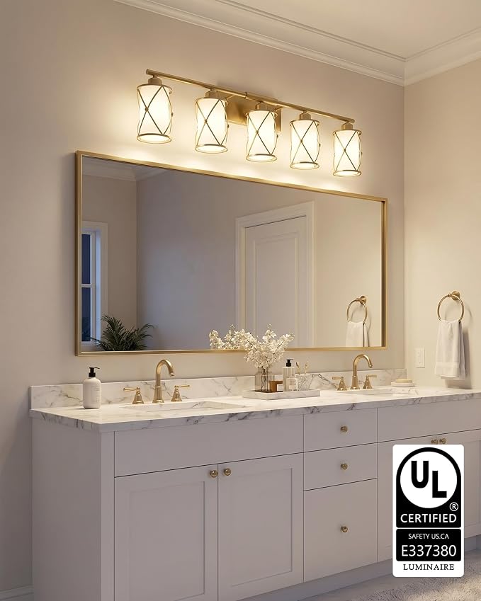 5-Light Brushed Gold Bathroom Light Fixtures Over Mirror, 38" UL-Listed Modern Wall Sconce Lights with Milk White Frosted Glass and Metal Cage for Bath, Hardwire E26, CH9176BGW-5W