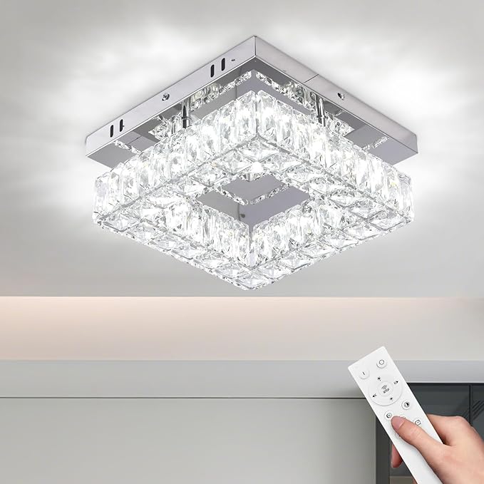 Dimmable Crystal Chandelier LED Ceiling Light with Remote Flush Mount Small Chandelier for Hallway Foyer Kitchen Stair Closet,3 Colors Adjustable