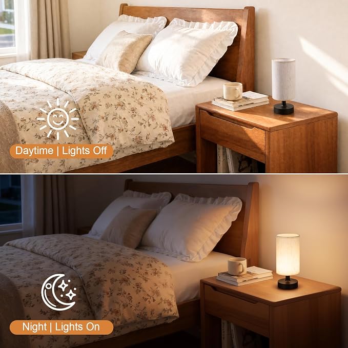 Kakanuo Small Cordless Table Lamp with Rechargeable Battery, Black, 1 Pack | Touch Stepless Dimming, 3000K Warm Light, Beige Fabric Shade, 30H at Full Brightness, for Bedside, Bedroom and Living room