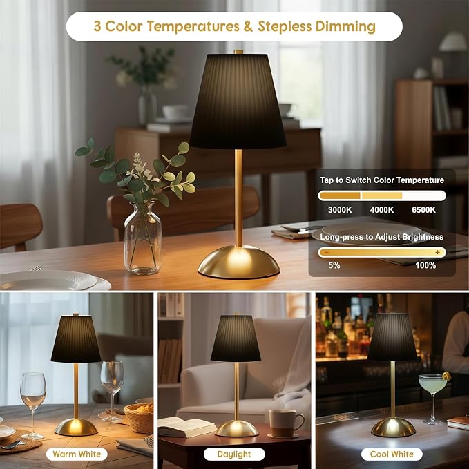 2-Pack Cordless Table Lamps Rechargeable, Battery Mini LED Lamps | Small Wireless Lamps for Tables, Restaurant Table Lamps Dimmable, Black Pleated Touch Lamp with USB for Bedside, Outdoor Use