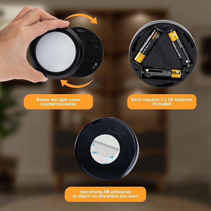 Puck Lights with Remote Control, Wireless LED Puck Light for Kitchen,Battery Operated Under Cabinet Lights, Under Counter Lighting Dimmable, Stick On Lights for Closet Black (6pack)