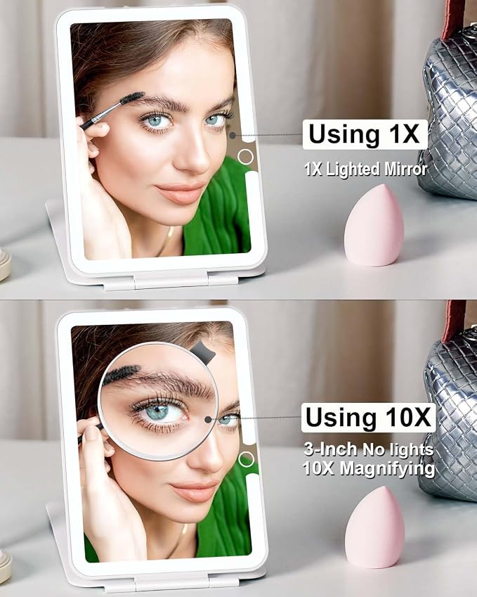Rechargeable Travel Makeup Mirror with Light,7x5 inches Portable Lighted Vanity Mirror with Small 10X Magnifying, LED 3 Color Dimmable, Tabletop Folding Compact Mirror