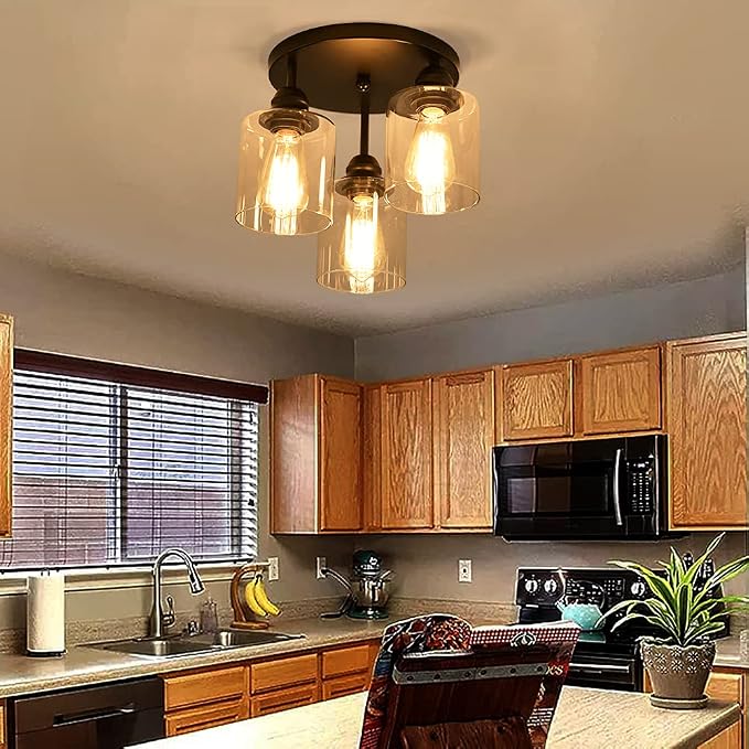 3-Lights Industrial Semi Flush Mount Ceiling Light, Vintage Light Fixture with Clear Seeded Glass Shade