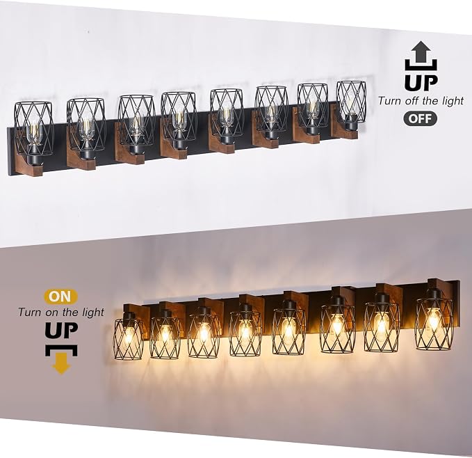 RVONOW 8-Light Farmhouse Bathroom Light Fixtures with Metal Shade | Rustic Bathroom Vanity Light with E26 Base for Bedroom Living Room Hallway, Black