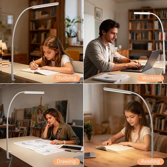 LED Desk Lamp for Office Home, Adjustable Flexible Eye-Caring Desk Light with,5 Modes 10 Brightness Adjustment, USB Adapter Desk Lamp with Clamp-LK-W