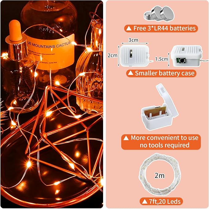 8 Pack Orange Fairy Lights Battery Operated, 7ft 20 LED Mini String Twinkle Lights for Christmas Halloween Mason Jars Centerpiece Table Decorations (8, Orange)