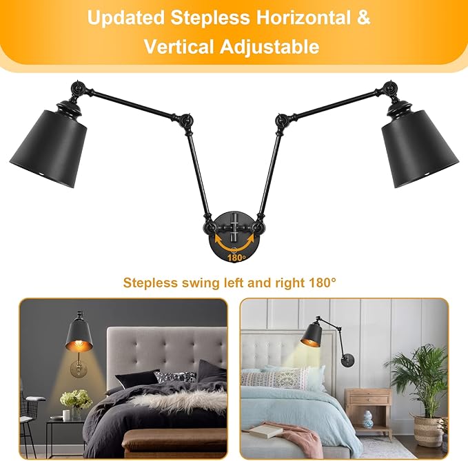 HOXIYA DIMMABLE Swing Arm Plug in Wall Lamps Set of 2, Plug-in Wall Sconce with Dimmer Switch Cord, Matte Black Metal Industrial Reading Light Fixture Wall Mounted for Bedside Bedroom Living Room