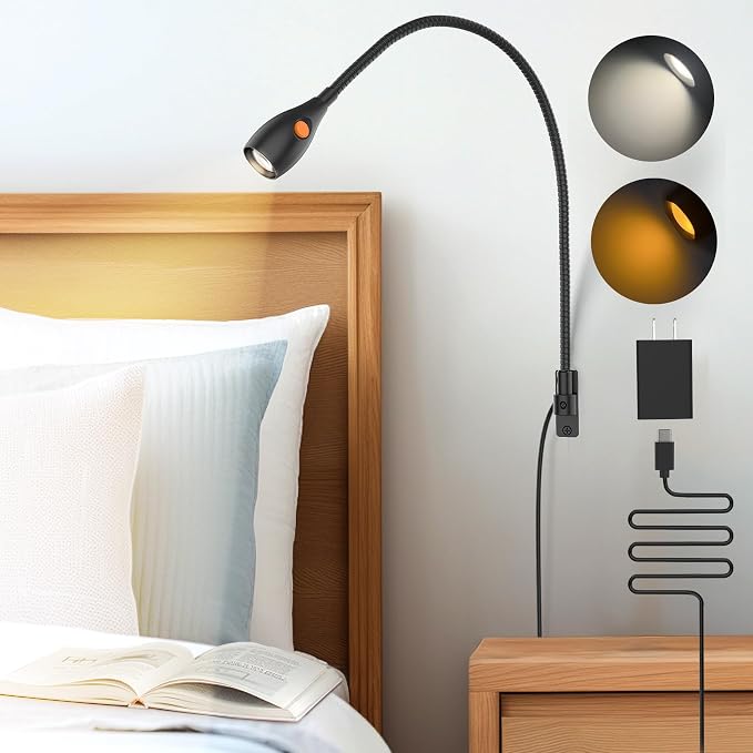 Wall/Headboard Mounted Reading Light with Lamp Head Switch | Minimalist Design, USB-C Powered, CRI 95+,4000K + Amber Nightlight,8–100% Dimmable, Metal Gooseneck,For Home Bedroom Bedside