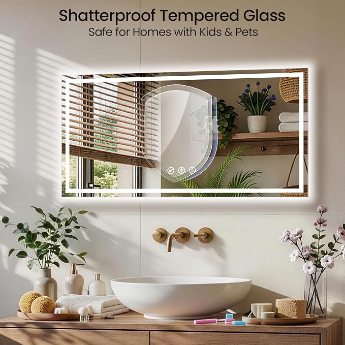48x24 LED Bathroom Mirror with Anti-Fog, Backlit & Front Lit, Memory | Stepless Dimmable 3 Color CRI 95+ Shatterproof Tempered Glass ETL Listed for Safety Lighted Bathroom Vanity Mirror for Wall