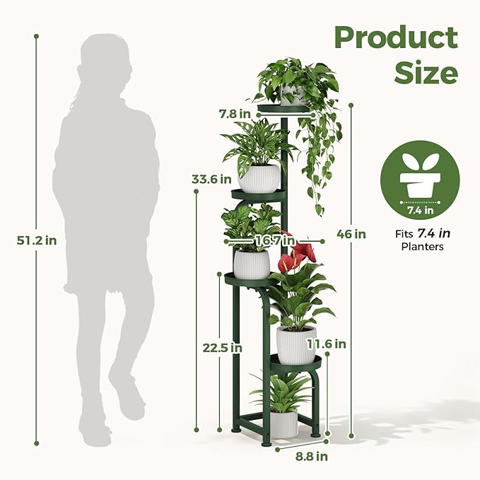 Bamworld Corner Plant Stand Indoor Outdoor Tall Metal Flower Pot Stands | 4 Tier Dark Green Plant Shelf for Multiple Plants Plant Table for Patio Garden Balcony Living Room Bedroom(Patent Design)
