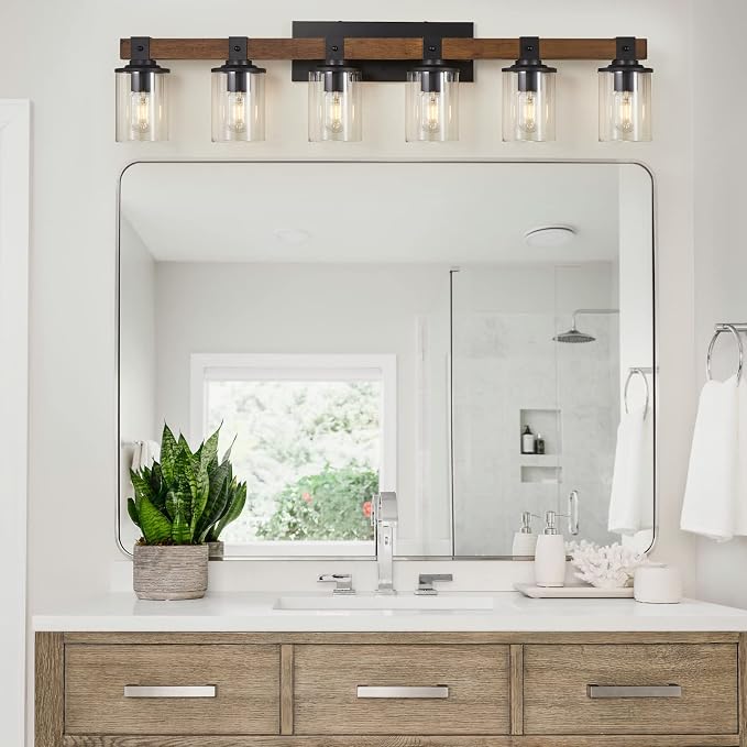 DUJAHMLAND 6-Light Wood Vanity Light,40.5 inch Farmhouse Bathroom Metal Wall Sconce with Cylinder Clear Glass Shade,Industrial Wall Light Fixtures for Hallway,Kitchen,Bedroom(Wood, 6-Light)