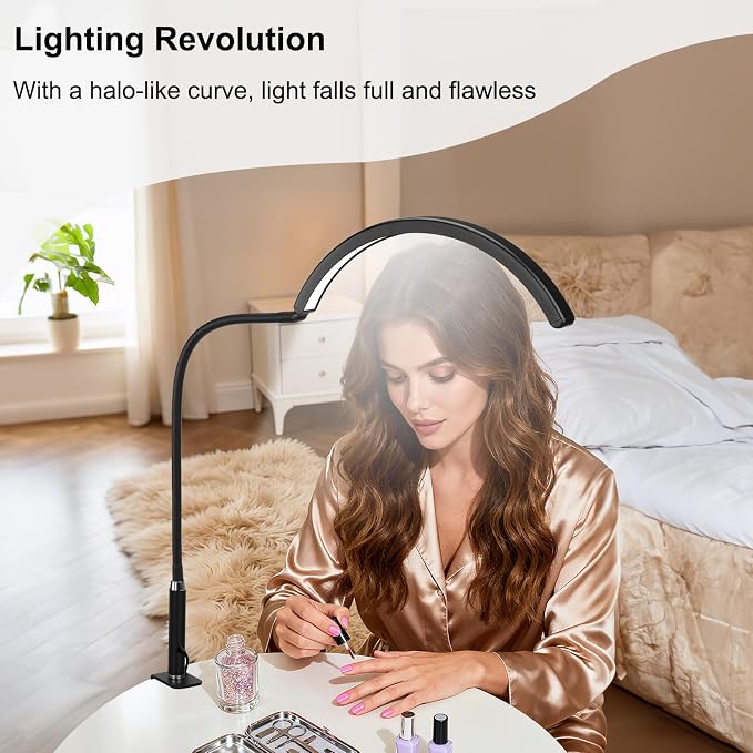 Professional Half Moon LED Desk Light for Nail Techs & Artists – Flexible Gooseneck Lamp with Clamp, 5 Color Modes & 5 Brightness Levels for Manicure, Tattoo, Beauty Work