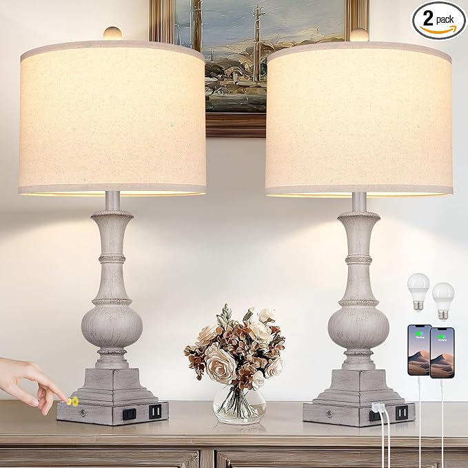26" Farmhouse Table Lamps Set of 2, Rustic Touch Control Bedside Lamps with 2 USB Ports & AC Outlet, Vintage Resin 3-Way Dimmable Nightstand Lamp Linen Fabric Shade for Living Room Bedroom Decor Gray