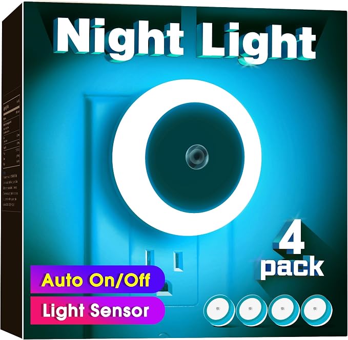 Azure Blue Night Light, Night Lights Plug into Wall [4Pack] | Nightlight with Light Sensors, LED NightLight for Kids Room,Bathroom Night Light, Stair Lights, Hallway Light