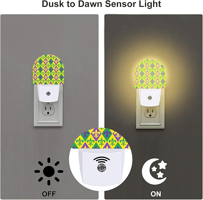 Happy Mardi Gras Carnival Night Light for Kids,Colorful Fleur De Lis Plug in Night Light with Dusk to Dawn Sensor, 0.5w Energy Saving Nightlight for Hallway Stairway Kitchen Bedroom