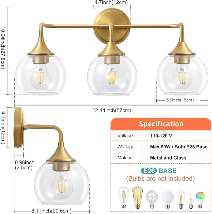 Gold Bathroom Light Fixtures 3-Light Farmhouse Vanity Light 22" | Modern Vanity Lighting Fixtures Over Mirror, Thickened Clear Glass Shade, UL E26 Dimmable