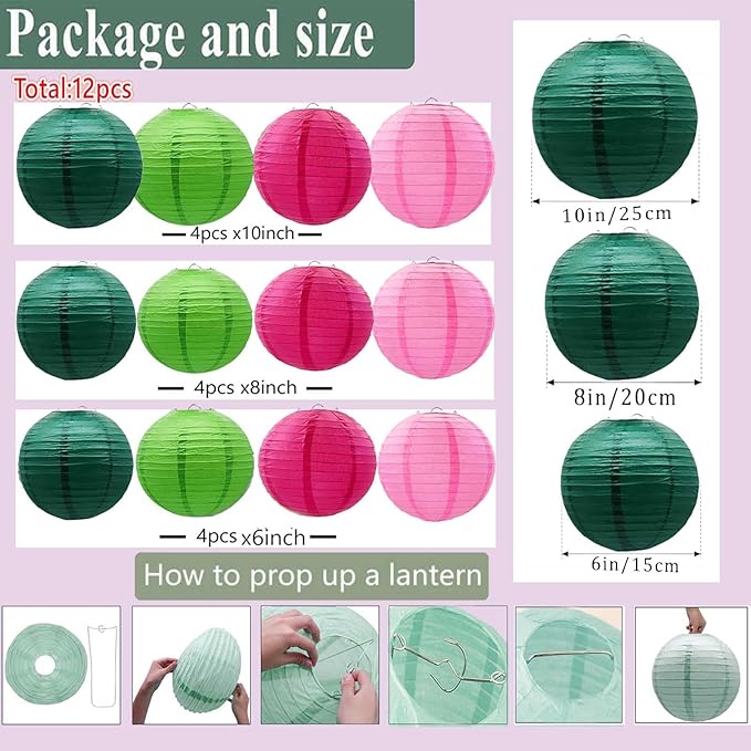 Hot Pink Green and Pink Paper Lanterns 12Pcs Hanging Round Paper Lanterns Decorative for Graduation Baby Shower Wedding Birthday Family Parties ﻿