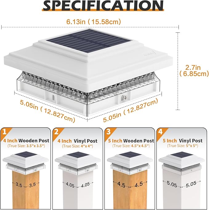 SIEDiNLAR Solar Post Cap Lights, 2 Pack 2 Modes 50 Lumens, 4x4 5x5 Vinyl/Wooden Posts Waterproof Outdoor Lighting for Deck Fence Patio, White/Warm (White)