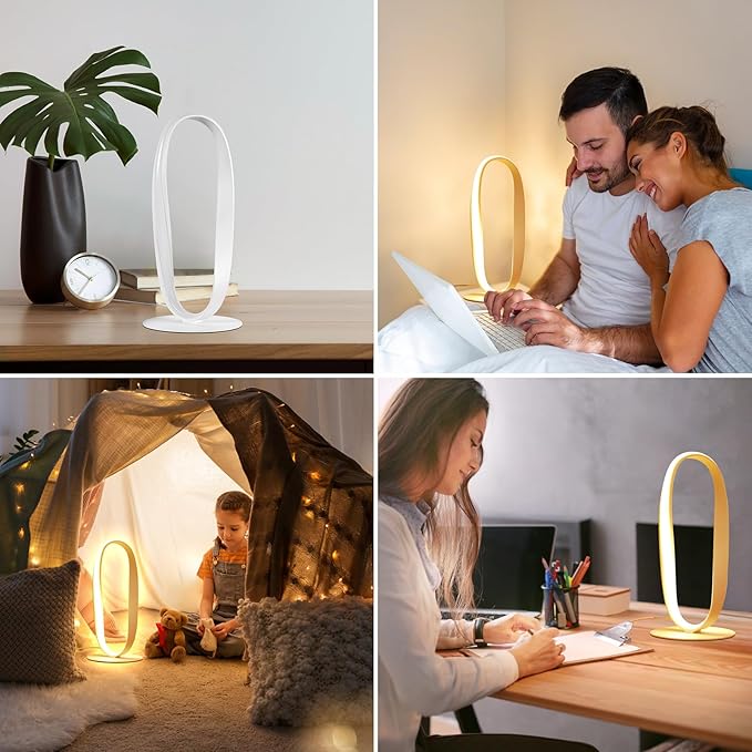 NUÜR Circle LED Table Lamp, 3 Color Temperatures Bedside Lamp for Living Room, Stepless Dimmable Bedside Table Lamp, White Unique Nightstand Lamp for Bedroom, Home, Office