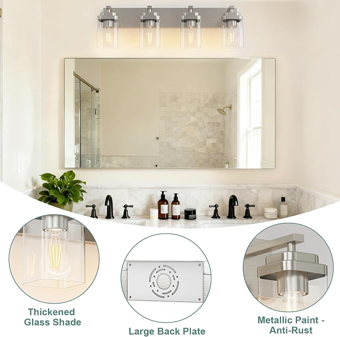 Brushed Nickel Bathroom Light Fixtures, 4 Lights Bathroom Lighting Fixtures Over Mirror, Square Design & Rectangle Large Backplate, Modern Vanity Lighting Fixtures, for Living Room/Bedroom