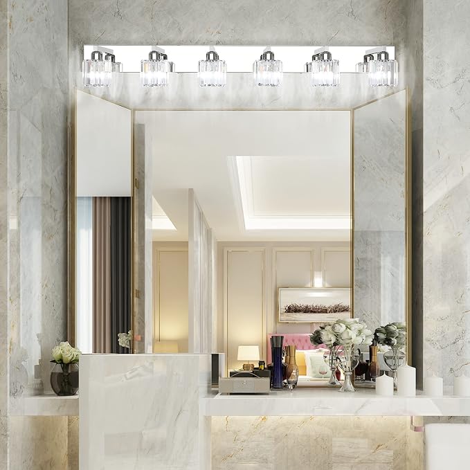 Aipsun Bathroom Vanity Light Crystal Vanity Lighting Fixtures 6 Lights Chrome Vanity Light for Bathroom (Exclude Bulb)