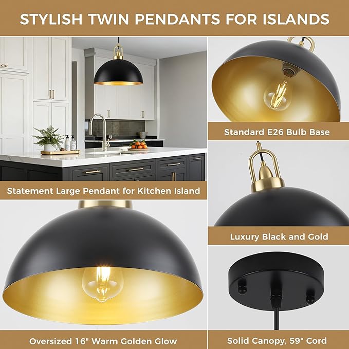 16'' Large Black Pendant Light for Kitchen Island Lighting, Modern Farmhouse Industrial Dome Hanging Ceiling Pendant Lighting Fixture for Dining Room, Bar, Living Room