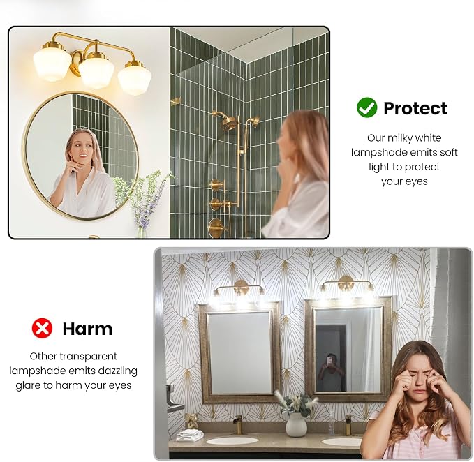 RUIYEY Bathroom Vanity Light Fixtures: 3-Lights Gold Vanity Lights Over Mirror, 17 Inch E26 60W Modern Bathroom Lighting Fixture with Milky White Glass for Bath Restroom