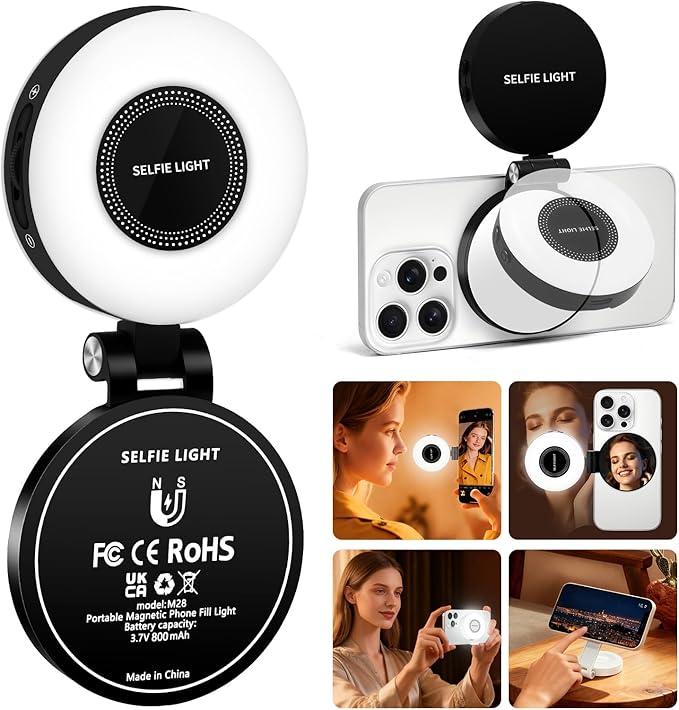 Magnetic Selfie Light for MagSafe iPhone: 3 Light Modes, Rechargeable 360° Rotatable LED Phone Ring Fill Light with Mirror for Photography, Makeup, TikTok, Zoom, Video Conference, Black