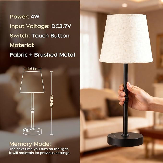 Cordless Table Lamp Rechargeable, 6000mAh Battery Operated LED Lamp with USB-C, Touch Control Stepless Dimmable Small Black Fabric Lamp for Kitchen Counter, Small Spaces, Bedroom, Living Room