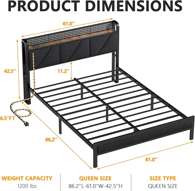 Queen Bed Frame with Storage Shelf and Upholstered Headboard | Metal Platform Bed with LED Light, Charging Station and Heavy Duty Slats, No Box Spring Needed, Noise Free & Easy Assembly