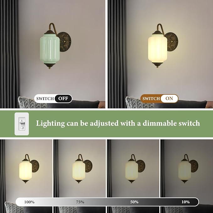 Vintage Milk Glass Wall Sconce - Set of 2,Antique Green Sconce (Bulb×2) | Dimmable,Mid Century Brass Gold,Install Up or Down,Art Deco Retro Vanity Light Fixture for Hallway Bathroom Bedroom Bedside