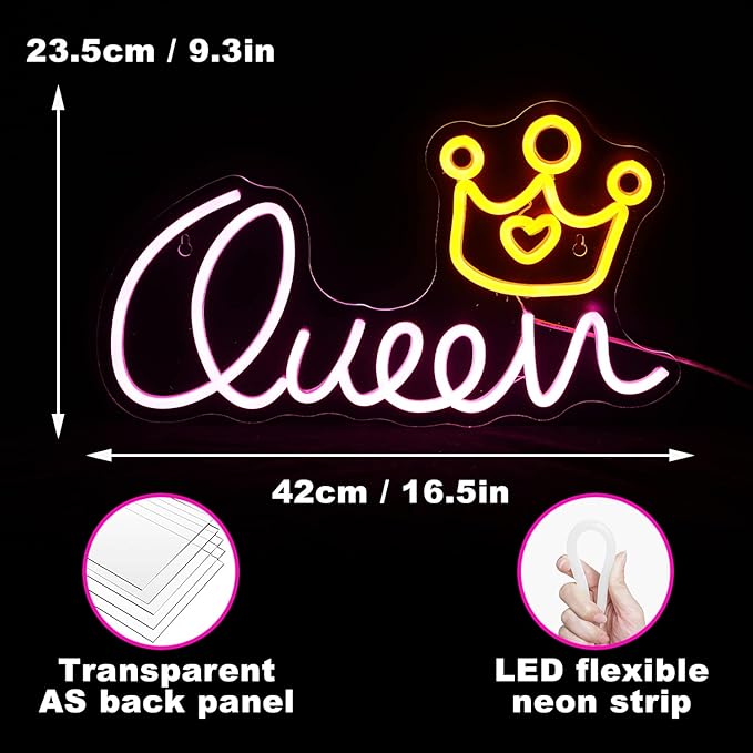 Queen Neon Sign Crown Neon Lights Dimmable USB Powered 16.5’’X9.3’’ Light Up Sign for Girls Room Birthday Party Bedroom Lady Gifts Wall Decor（Pink Yellow）