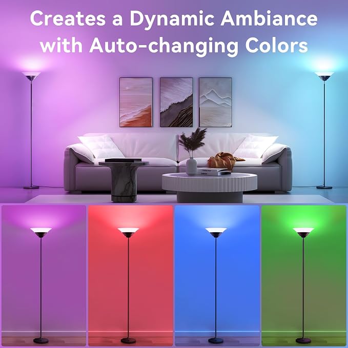 RGB Torchiere Floor Lamp, 30W Dimmable LED Standing Lamp with Remote, Multi Color Changing, 72in Tall Corner Light, Bright Standing Pole Light for Office Living Room Bedroom Basement
