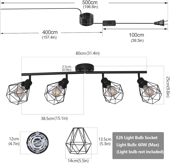 Plug in Track Lighting Kit, 80cm LED 4 Light Kitchen Track Lighting, Corded Wall Light with 16.4ft Cord, 4 Way Ceiling Spot Lighting Flexibly Rotatable Head Not Include Bulb (4-Black-Cage)