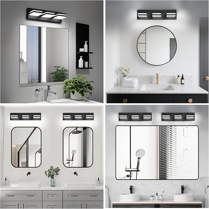 IZORRO LED Modern Bathroom Lights Fixtures(3-Light,Dimmable),Matte Black Acrylic Wall Lighting,Vanity Lights for Bathroom Over Mirror - 6000k 16In （No Assembly Required）