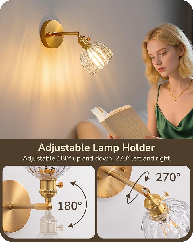EDISHINE 2-Pack Brass Gold Sconces, 180° Adjustable Tulip Glass Wall Lamps | Hardwired, Rotary ON/OFF Switch, E26, Vintage & Modern Style for Bathroom, Bedroom, Hallway