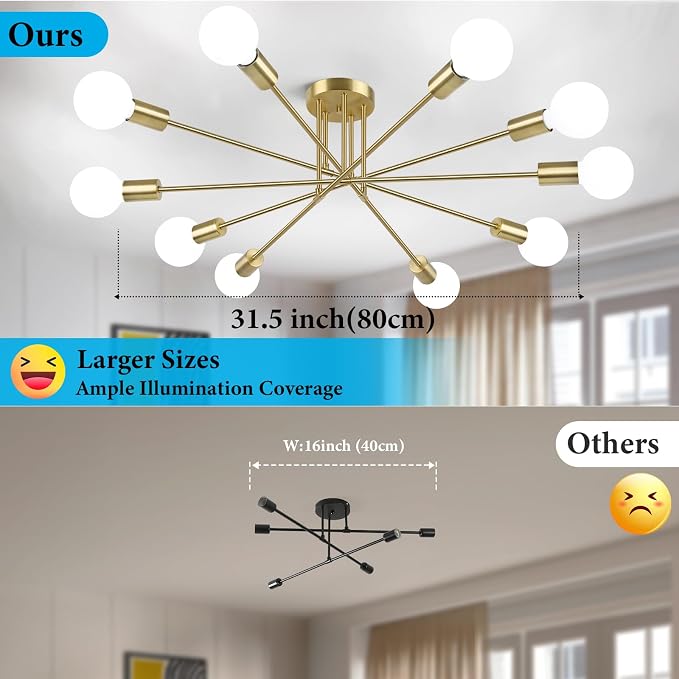 Flush Mount Ceiling Light Fixture, 10-Light Modern Gold Sputnik Chandelier | Industrial Ceiling Lamp for Kitchen Dining Room Living Room Bedroom Foyer