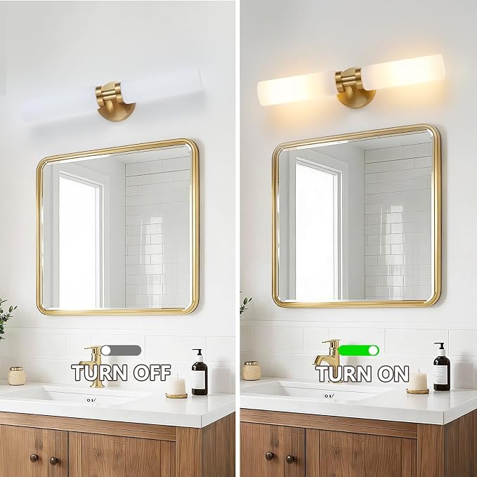 Lanhall 2 Light Brushed Brass Gold Bathroom Light Fixture Over Mirror, Modern Farmhouse Bathroom Vanity Lights with Milky White Frosted Glass Shade, Wall Sconce for Hallway Cabinet Bedroom Porch