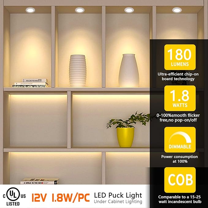 VST Under Cabinet Lights CCT 3000K-6000K, Puck Lights Color Temperature and Brightness Adjustable with Touch Switch and ETL Listed Led Driver, Plug in Led Light for Kitchen Under Cabinet Wardrobe